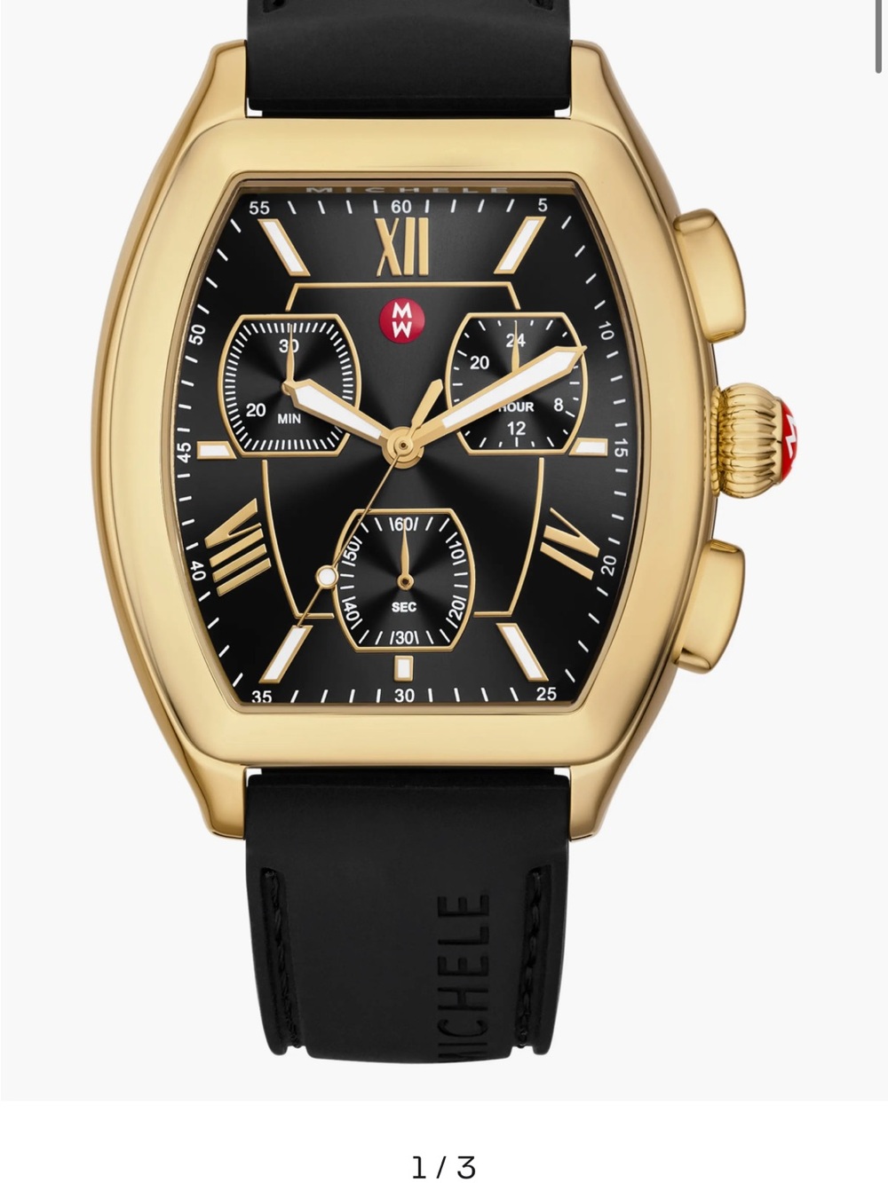 Michele Gold Case Black Dial Chronograph Watch with Black Strap
